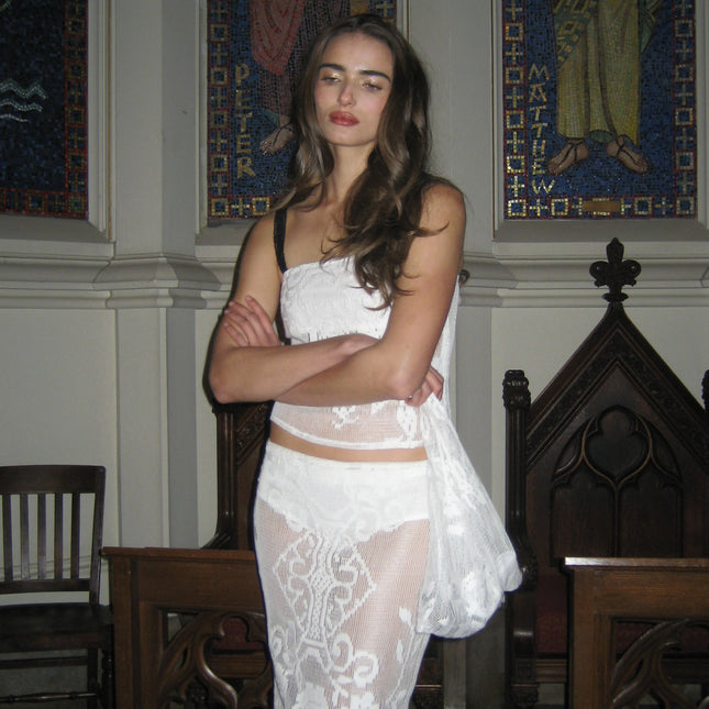 Low Rise White Midi Skirt | Elastic Waistband | Center Back Leg Split | Saint Design