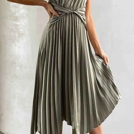 Cali | One Shoulder Midi | Dress | Olive | Twist Waist | Pleated Asymmetrical Hem | Flattering | Elastic Waist | Polyester | Unlined | Versatile for Parties or Maternity | Elegant and Comfortable