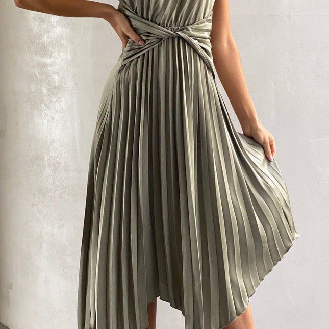 Cali | One Shoulder Midi | Dress | Olive | Twist Waist | Pleated Asymmetrical Hem | Flattering | Elastic Waist | Polyester | Unlined | Versatile for Parties or Maternity | Elegant and Comfortable