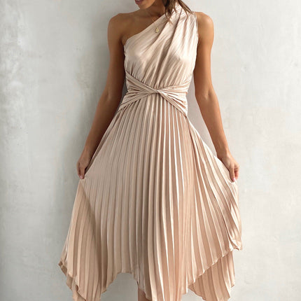Cali Midi Dress | One Shoulder | Twisted Waist | Pleated Asymmetrical Skirt | Champagne | Elastic Waist | Unlined Polyester | Special Occasion Attire | Party Wedding Baby Shower | Bump Friendly