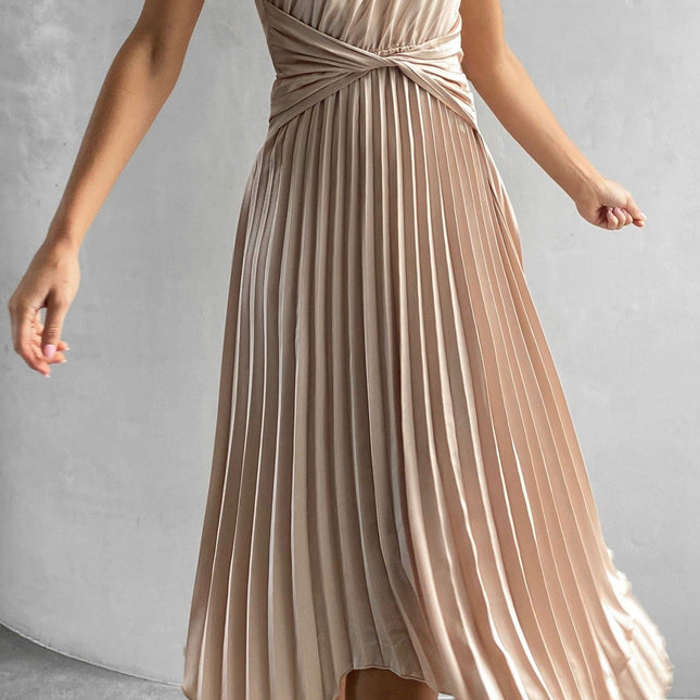 Cali Midi Dress | One Shoulder | Twisted Waist | Pleated Asymmetrical Skirt | Champagne | Elastic Waist | Unlined Polyester | Special Occasion Attire | Party Wedding Baby Shower | Bump Friendly