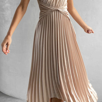 Cali Midi Dress | One Shoulder | Twisted Waist | Pleated Asymmetrical Skirt | Champagne | Elastic Waist | Unlined Polyester | Special Occasion Attire | Party Wedding Baby Shower | Bump Friendly