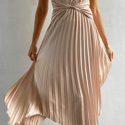 Cali Midi Dress | One Shoulder | Twisted Waist | Pleated Asymmetrical Skirt | Champagne | Elastic Waist | Unlined Polyester | Special Occasion Attire | Party Wedding Baby Shower | Bump Friendly