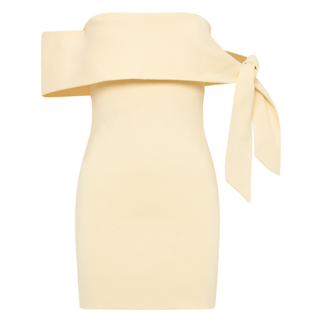 JAYMES Off-Shoulder Mini Dress | Soft Stretch Knit | Tie Arm Detail | Unlined | True to Size