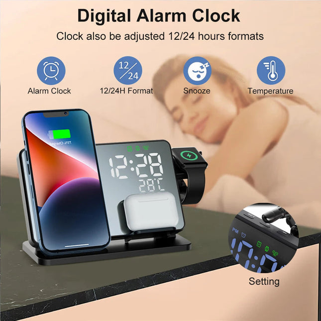 3-in-1 Wireless Fast Charging Station with Alarm Clock | Compatible with Apple iPhone, Watch & AirPods | Qi Technology | Multifunctional & Stylish Docking Solution