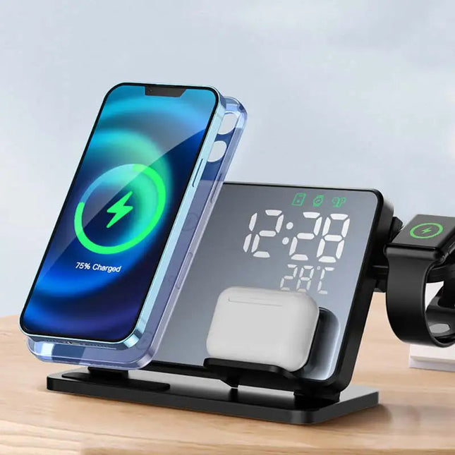 3-in-1 Wireless Fast Charging Station with Alarm Clock | Compatible with Apple iPhone, Watch & AirPods | Qi Technology | Multifunctional & Stylish Docking Solution