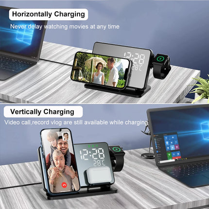 3-in-1 Wireless Fast Charging Station with Alarm Clock | Compatible with Apple iPhone, Watch & AirPods | Qi Technology | Multifunctional & Stylish Docking Solution