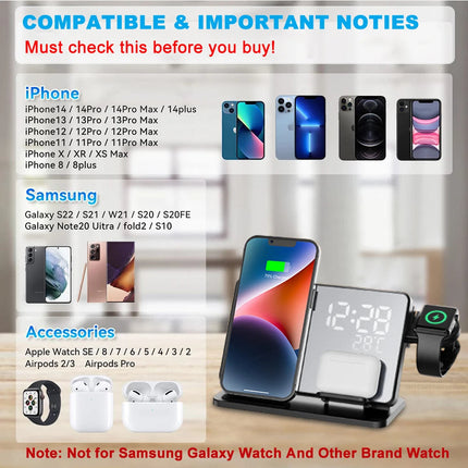 3-in-1 Wireless Fast Charging Station with Alarm Clock | Compatible with Apple iPhone, Watch & AirPods | Qi Technology | Multifunctional & Stylish Docking Solution