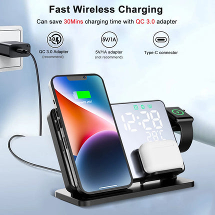 3-in-1 Wireless Fast Charging Station with Alarm Clock | Compatible with Apple iPhone, Watch & AirPods | Qi Technology | Multifunctional & Stylish Docking Solution