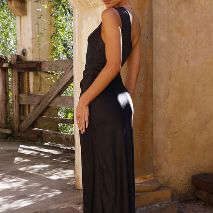 Victoria | Elegant One Shoulder Black Maxi Dress | Gathered Waist | Knee High Front Split | Lined Polyester | Invisible Side Zipper | Fashionable and Comfortable Style