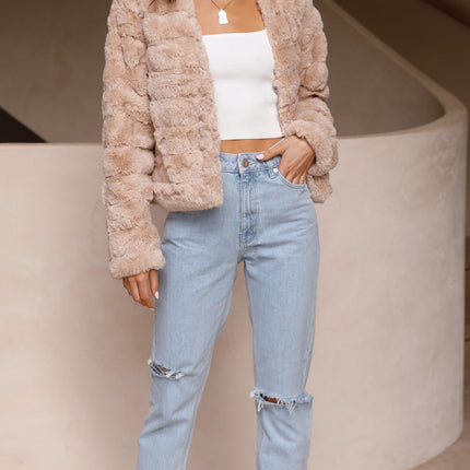 Luxe Women's Soft Faux Fur Crop Jacket | Veloura | Chic Cropped Design | Line Patterns | Metal Claw Clasp | Warm & Stylish | Versatile Outerwear | 100% Polyester | Available in XS - XL