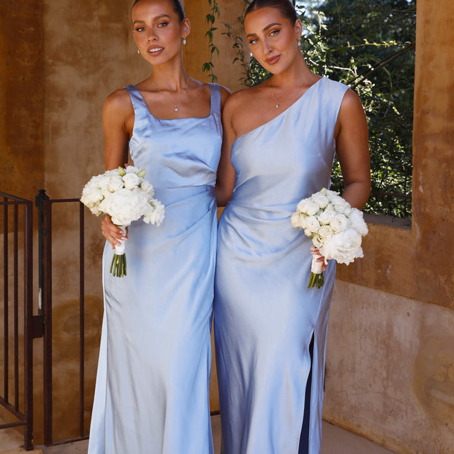 Victoria One Shoulder Maxi Dress | Blue | Gathered Waist | Front Side Split | Invisible Side Zipper | Elegant Polyester Fabric | Chic Evening Gown