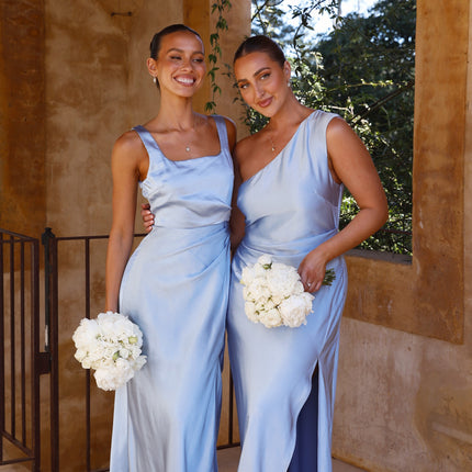 Victoria One Shoulder Maxi Dress | Blue | Gathered Waist | Front Side Split | Invisible Side Zipper | Elegant Polyester Fabric | Chic Evening Gown