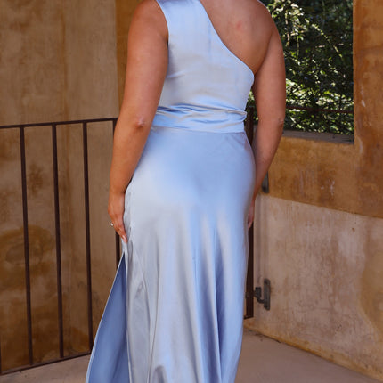 Victoria One Shoulder Maxi Dress | Blue | Gathered Waist | Front Side Split | Invisible Side Zipper | Elegant Polyester Fabric | Chic Evening Gown