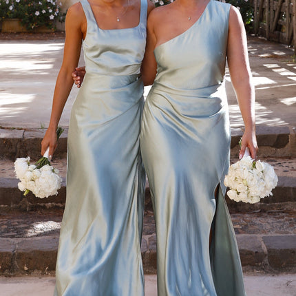 Victoria Maxi Dress | Sage Green | Elegant One Shoulder Design | Gathered Waist | Side Leg Split | Invisible Zipper | Lined Polyester Fabric | Perfect for Special Occasions