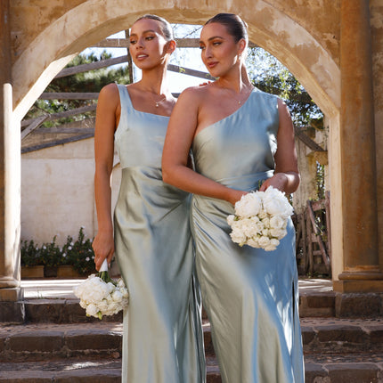 Victoria Maxi Dress | Sage Green | Elegant One Shoulder Design | Gathered Waist | Side Leg Split | Invisible Zipper | Lined Polyester Fabric | Perfect for Special Occasions