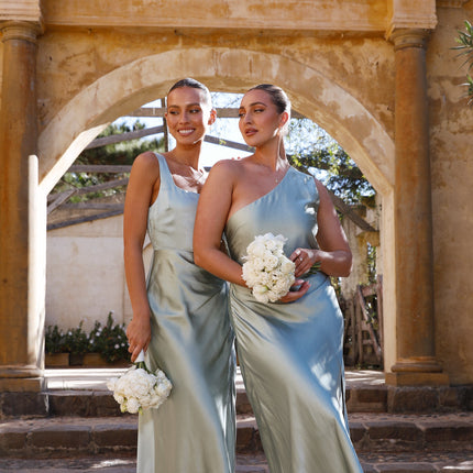 Victoria Maxi Dress | Sage Green | Elegant One Shoulder Design | Gathered Waist | Side Leg Split | Invisible Zipper | Lined Polyester Fabric | Perfect for Special Occasions