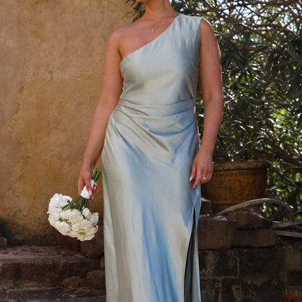 Victoria Maxi Dress | Sage Green | Elegant One Shoulder Design | Gathered Waist | Side Leg Split | Invisible Zipper | Lined Polyester Fabric | Perfect for Special Occasions