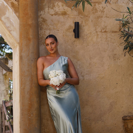 Victoria Maxi Dress | Sage Green | Elegant One Shoulder Design | Gathered Waist | Side Leg Split | Invisible Zipper | Lined Polyester Fabric | Perfect for Special Occasions