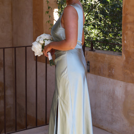 Victoria Maxi Dress | Sage Green | Elegant One Shoulder Design | Gathered Waist | Side Leg Split | Invisible Zipper | Lined Polyester Fabric | Perfect for Special Occasions