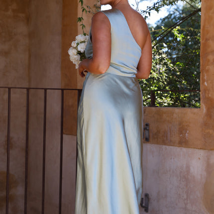 Victoria Maxi Dress | Sage Green | Elegant One Shoulder Design | Gathered Waist | Side Leg Split | Invisible Zipper | Lined Polyester Fabric | Perfect for Special Occasions
