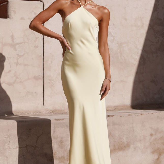 Chiara Yellow Halter Neckline | Crossover Back | Maxi Length | Fully Lined | Polyester Dress