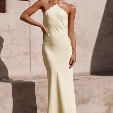Chiara Yellow Halter Neckline | Crossover Back | Maxi Length | Fully Lined | Polyester Dress