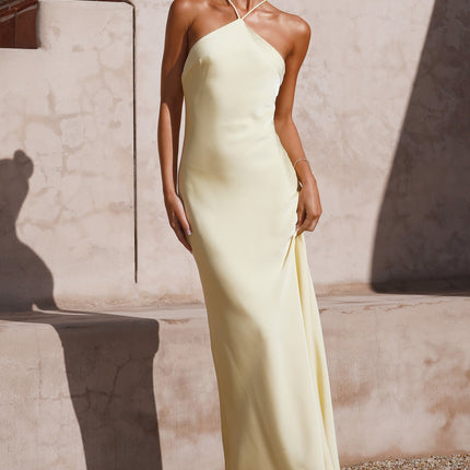 Chiara Yellow Halter Neckline | Crossover Back | Maxi Length | Fully Lined | Polyester Dress