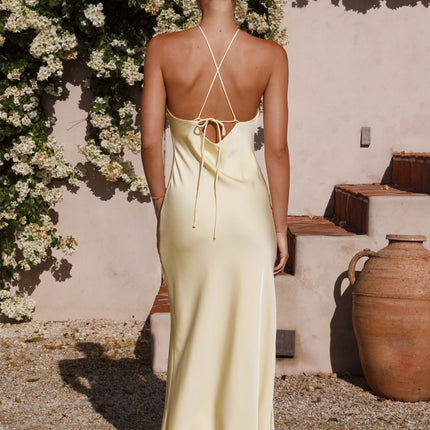 Chiara Yellow Halter Neckline | Crossover Back | Maxi Length | Fully Lined | Polyester Dress