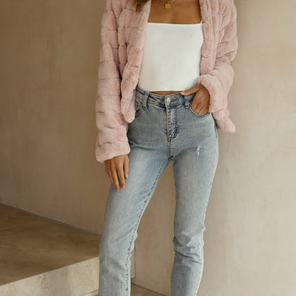Luxe Women's Soft Faux Fur Crop Jacket | Veloura | Chic Cropped Design | Line Patterns | Metal Claw Clasp | Warm & Stylish | Versatile Outerwear | 100% Polyester | Available in XS - XL