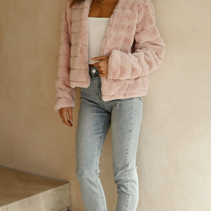 Luxe Women's Soft Faux Fur Crop Jacket | Veloura | Chic Cropped Design | Line Patterns | Metal Claw Clasp | Warm & Stylish | Versatile Outerwear | 100% Polyester | Available in XS - XL