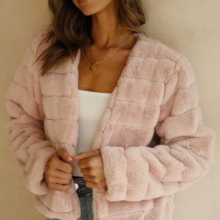 Luxe Women's Soft Faux Fur Crop Jacket | Veloura | Chic Cropped Design | Line Patterns | Metal Claw Clasp | Warm & Stylish | Versatile Outerwear | 100% Polyester | Available in XS - XL