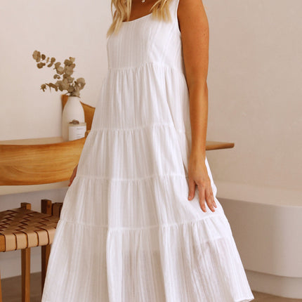 White Liza Midi Dress | Cotton Fabric | Tiered Skirt | Subtle Floral Pattern | Square Neckline | Thick Straps | Relaxed Fit | Mid-Length | Perfect for Summer and Maternity | Versatile and Comfortable