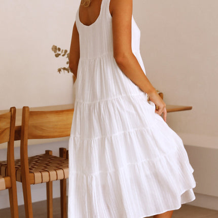 White Liza Midi Dress | Cotton Fabric | Tiered Skirt | Subtle Floral Pattern | Square Neckline | Thick Straps | Relaxed Fit | Mid-Length | Perfect for Summer and Maternity | Versatile and Comfortable