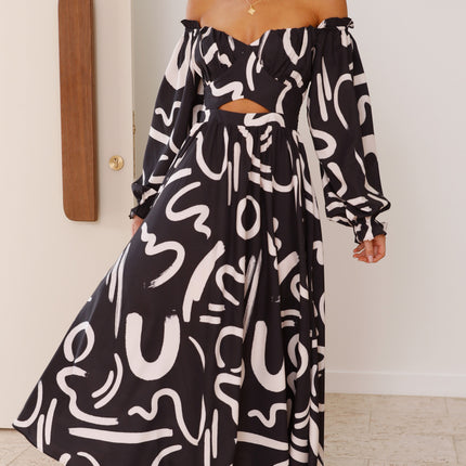 Black Maxi Dress | Balloon Sleeves | Elasticated Cuffs | Shirred Back | Waist Cut Out | Side Slit | 100% Polyester | Runs Large | Elegant Evening Gown