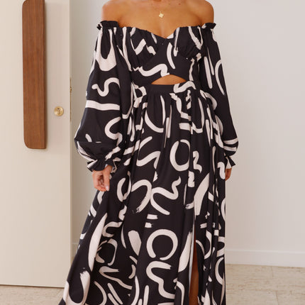 Black Maxi Dress | Balloon Sleeves | Elasticated Cuffs | Shirred Back | Waist Cut Out | Side Slit | 100% Polyester | Runs Large | Elegant Evening Gown