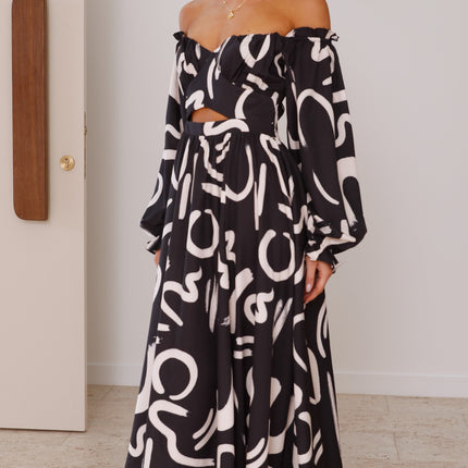 Black Maxi Dress | Balloon Sleeves | Elasticated Cuffs | Shirred Back | Waist Cut Out | Side Slit | 100% Polyester | Runs Large | Elegant Evening Gown
