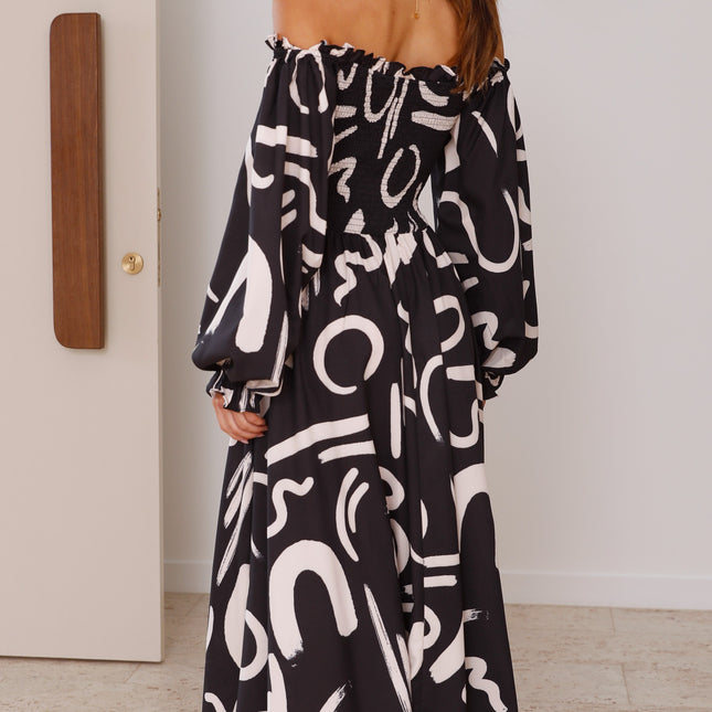 Black Maxi Dress | Balloon Sleeves | Elasticated Cuffs | Shirred Back | Waist Cut Out | Side Slit | 100% Polyester | Runs Large | Elegant Evening Gown