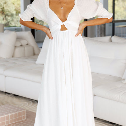 White Cotton Midi Reversible Dress | Relaxed Fit | Shirred Bodice | Mid-Length Balloon Sleeves | Adjustable Tie | Textured Dobby Fabric | Versatile Styling | Ideal for Maternity | Day to Night Wear