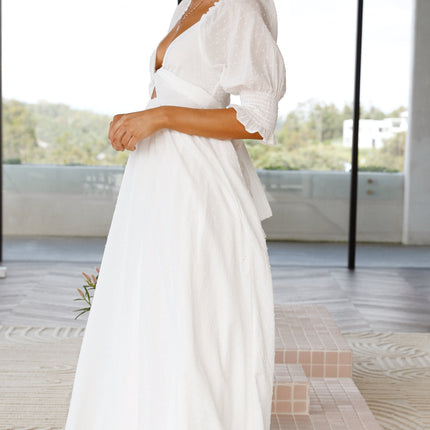 White Cotton Midi Reversible Dress | Relaxed Fit | Shirred Bodice | Mid-Length Balloon Sleeves | Adjustable Tie | Textured Dobby Fabric | Versatile Styling | Ideal for Maternity | Day to Night Wear