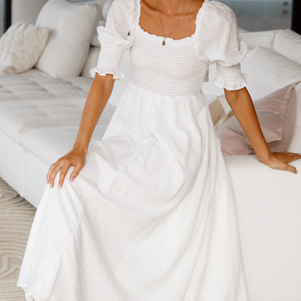 White Cotton Midi Reversible Dress | Relaxed Fit | Shirred Bodice | Mid-Length Balloon Sleeves | Adjustable Tie | Textured Dobby Fabric | Versatile Styling | Ideal for Maternity | Day to Night Wear