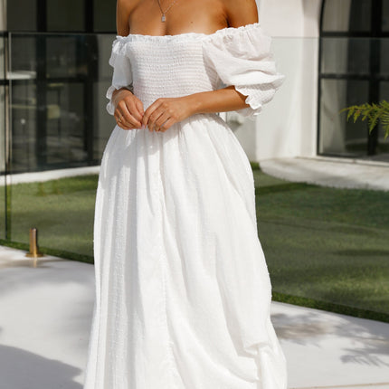White Cotton Midi Reversible Dress | Relaxed Fit | Shirred Bodice | Mid-Length Balloon Sleeves | Adjustable Tie | Textured Dobby Fabric | Versatile Styling | Ideal for Maternity | Day to Night Wear