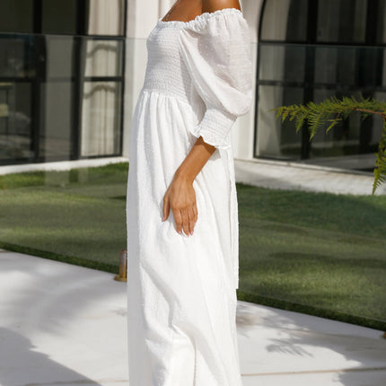 White Cotton Midi Reversible Dress | Relaxed Fit | Shirred Bodice | Mid-Length Balloon Sleeves | Adjustable Tie | Textured Dobby Fabric | Versatile Styling | Ideal for Maternity | Day to Night Wear