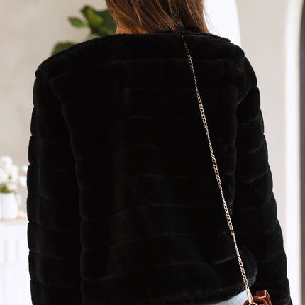Luxe Women's Soft Faux Fur Crop Jacket | Veloura | Chic Cropped Design | Line Patterns | Metal Claw Clasp | Warm & Stylish | Versatile Outerwear | 100% Polyester | Available in XS - XL