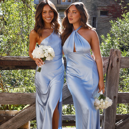 Victoria One Shoulder Maxi Dress | Blue | Gathered Waist | Front Side Split | Invisible Side Zipper | Elegant Polyester Fabric | Chic Evening Gown
