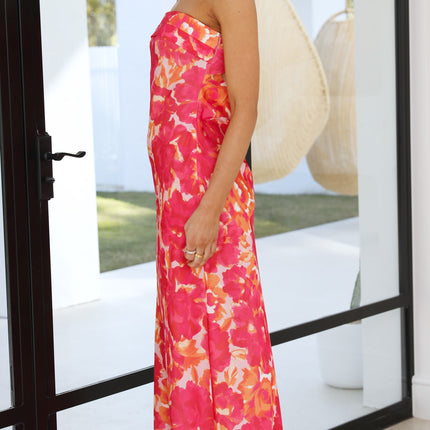 Strapless Maxi Dress | Pink/Red Floral | Folded Bust Detail | Scooped Cowl Back | Silky Polyester | Special Occasion | Elegant Open Back | Standard Sizing