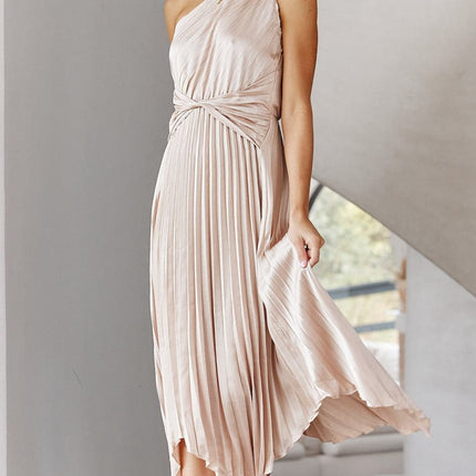 Cali Midi Dress | One Shoulder | Twisted Waist | Pleated Asymmetrical Skirt | Champagne | Elastic Waist | Unlined Polyester | Special Occasion Attire | Party Wedding Baby Shower | Bump Friendly