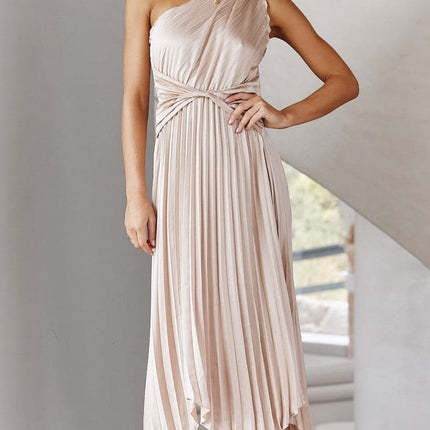 Cali Midi Dress | One Shoulder | Twisted Waist | Pleated Asymmetrical Skirt | Champagne | Elastic Waist | Unlined Polyester | Special Occasion Attire | Party Wedding Baby Shower | Bump Friendly