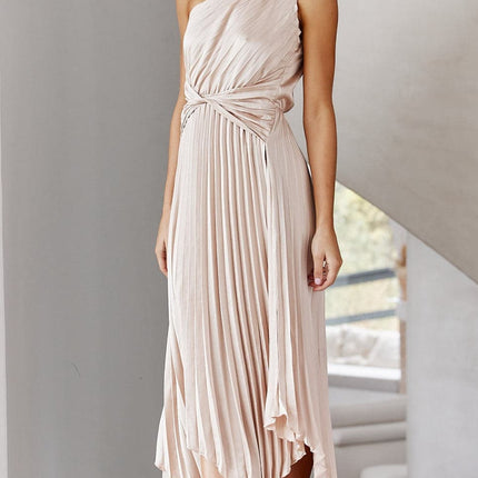 Cali Midi Dress | One Shoulder | Twisted Waist | Pleated Asymmetrical Skirt | Champagne | Elastic Waist | Unlined Polyester | Special Occasion Attire | Party Wedding Baby Shower | Bump Friendly