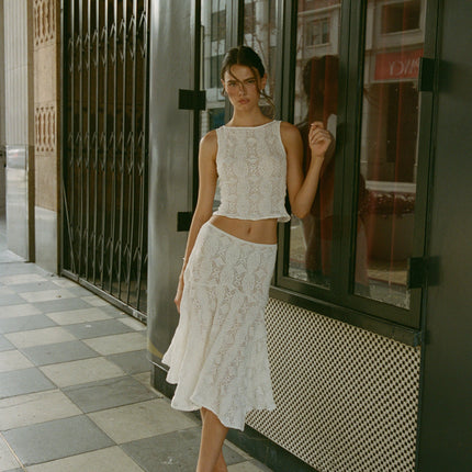 Maeve Midi Skirt | Low Rise | Custom Embroidery | White | Hip Length